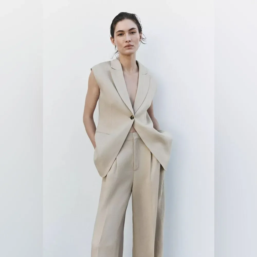 NWT ZARA High Waist Linen Blend Darted Trouser Pant in Camel Size XL